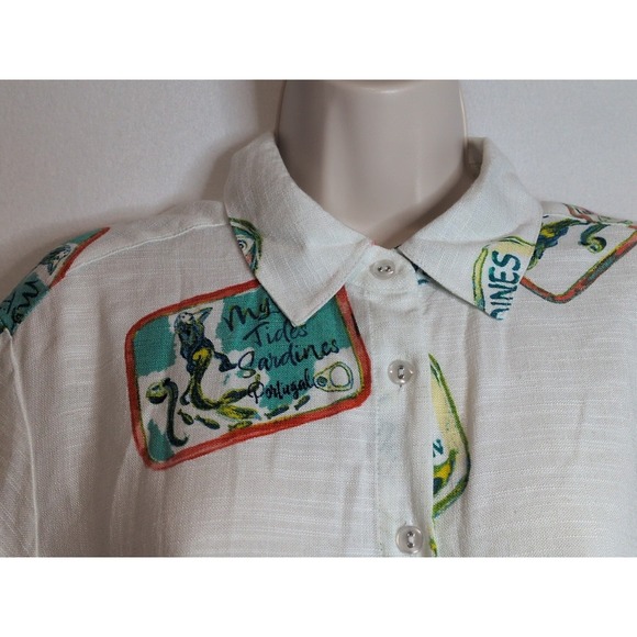 Jane + Delancey Canned Sardine Print Women's Button Up Shirt Blend Linen Size M - Picture 2 of 12